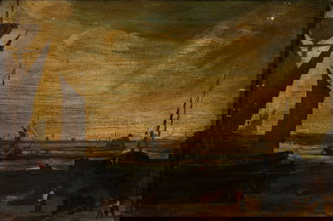 PHILIP HUGH PADWICK (ENGLISH, 1876-1958): Philip Hugh PadwickEnglish, 1876-1958Oil on canvasSigned on verso lower right, with C Roberson & Co stamp to back of canvas. Ships at port with figures, later contemporary frame.Sight: 24 x 36 in. (61