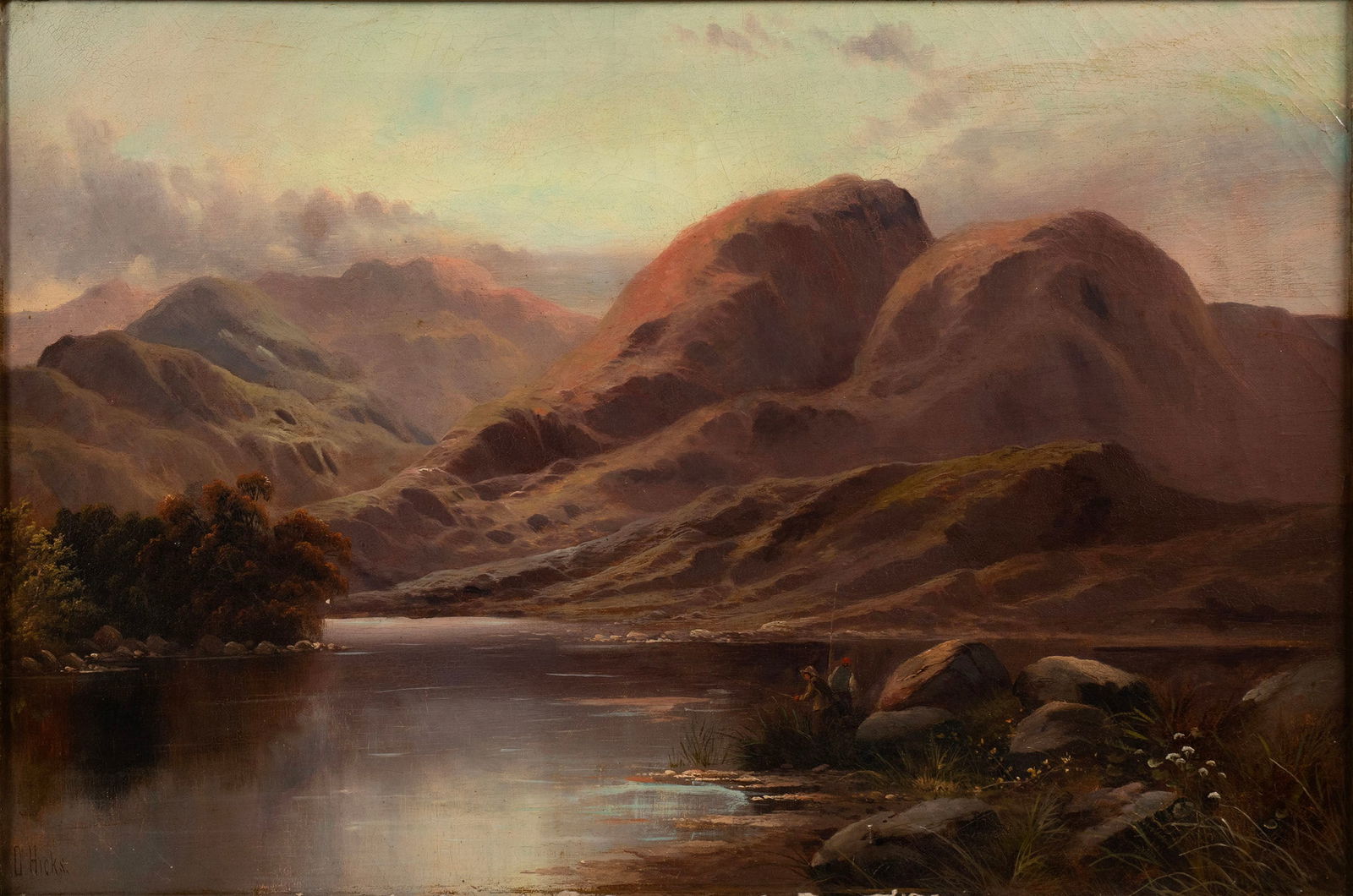 DAVID HICKS (UNITED KINGDOM, 19TH CENTURY): David HicksUnited Kingdom, 19th centuryOil on canvasSigned lower left. River landscape with fisherman against a spacious mountain range, gilt framed.Stretcher: 24 x 36 in. (61 x 91.4 cm.), Frame: 36 x