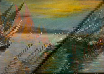 IMPRESSIONIST HARBOR SCENE: IMPRESSIONIST HARBOR SCENE20th century, oil on canvas, unsigned. Harbor scene at dusk, framed.Sight: 19 3/4 x 27 3/4 in. (50.2 x 70.5 cm.), Frame: 26 1/2 x 34 1/2 in. (67.3 x 87.6 cm.)