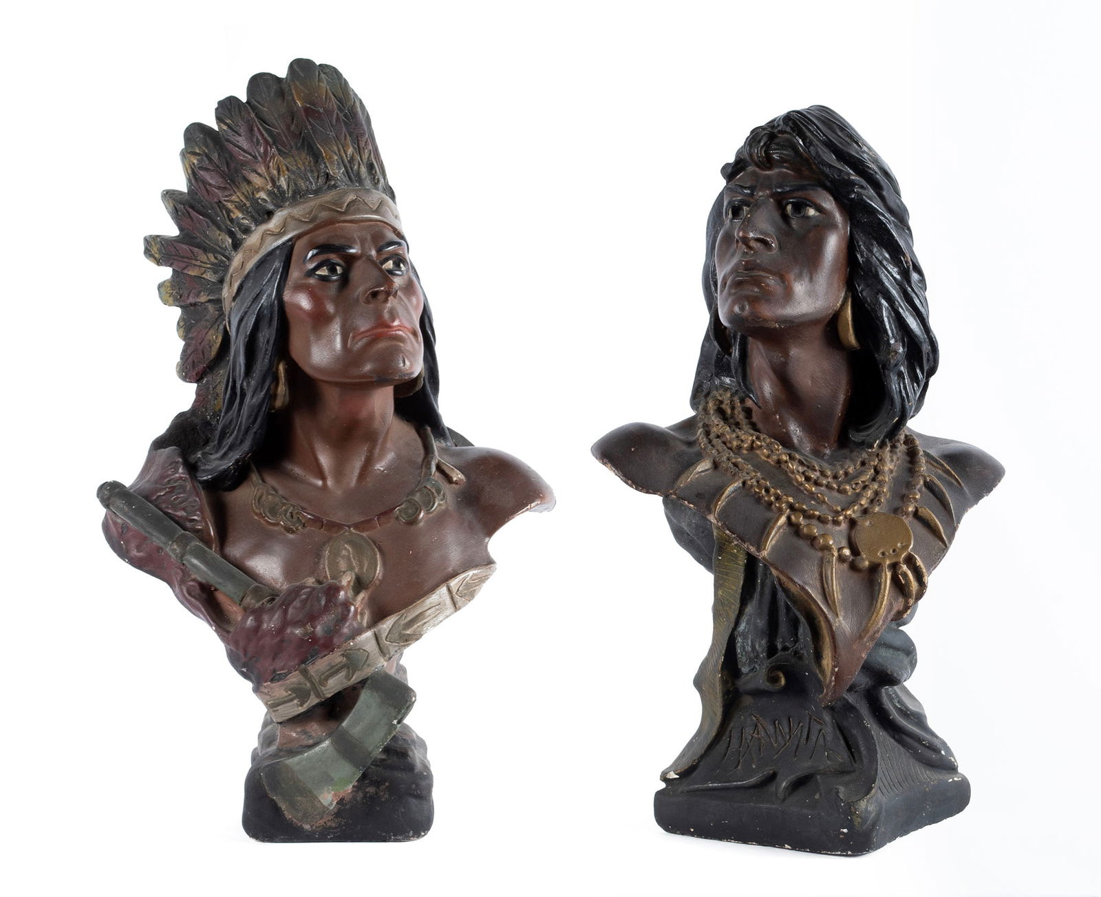 TWO NATIVE AMERICAN CHALKWARE CIGAR STORE BUSTS (1 of 17)
