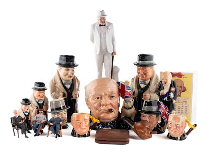 COLLECTION OF WINSTON CHURCHILL ACCESSORIES: COLLECTION OF WINSTON CHURCHILL ACCESSORIESSeventeen (17) pieces. Includes seven (7) Royal Doulton figures, Royal Winton head mug, two (2) Lancaster head mugs, chalk figure of Churchill in formal atti