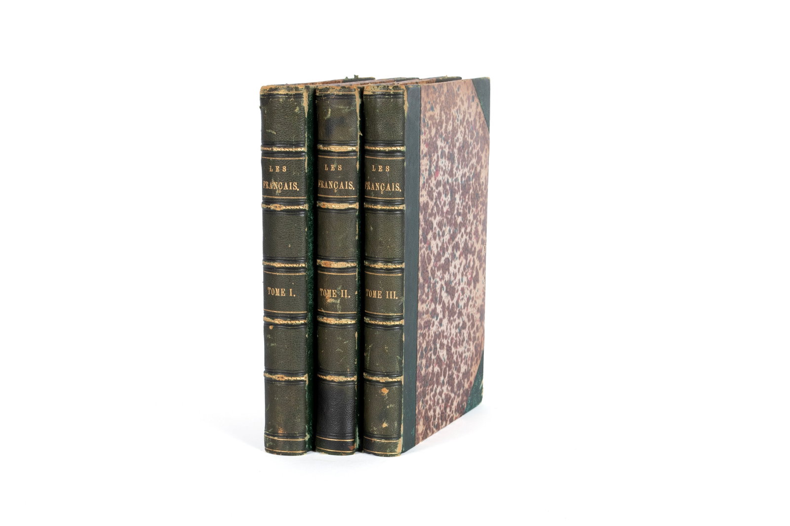 LES FRANCAIS PEINTS PAR EUX-MEMES: LES FRANCAIS PEINTS PAR EUX-MEMES Volumes 1-3 (in three books), editor L. Curmer, Paris, France. 3/4 green morocco and marble boards. Volume one printed in 1843, volume two printed in 1850, volume thr