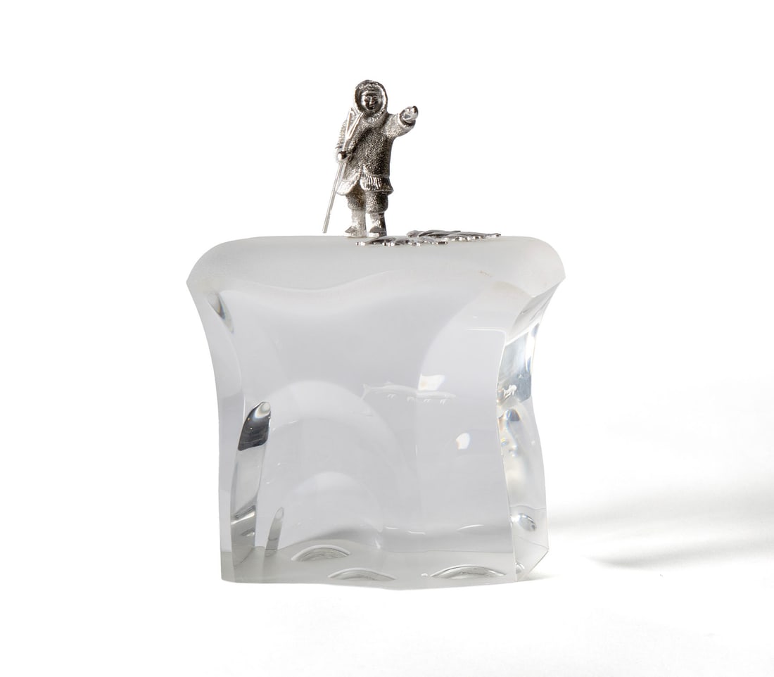 STEUBEN STERLING SILVER AND GLASS "FISHERMAN'S MAGIC" SCULPTURE: STEUBEN STERLING SILVER AND GLASS "FISHERMAN'S MAGIC" SCULPTUREAmerican, 2003. Lead glass and sterling silver. Designed by James Houston. Model #1208. Signed underfoot.6 3/4 x 5 x 3 in. (17.1 x 12.7 x