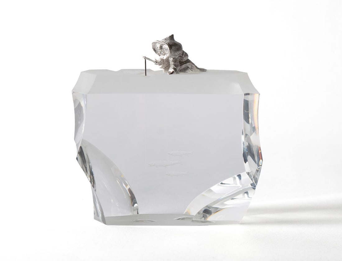 STEUBEN STERLING SILVER AND GLASS UNTITLED INUIT FISHING SCULPTURE: STEUBEN STERLING SILVER AND GLASS UNTITLED INUIT FISHING SCULPTUREAmerican, 1970, designed by James Houston. Lead-glass and rhodium-plated sterling silver. Mother and child ice fishing, signed underfo