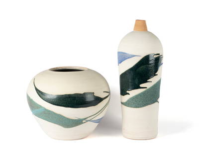 TWO PIECES OF ALFA DOM STUDIO STONEWARE POTTERY: TWO PIECES OF ALFA DOM STUDIO STONEWARE POTTERYDominican Republic, mid-20th century. One (1) a tall bottle form and one (1) a tapering globular vase, each with blue green and black colored splashes. M
