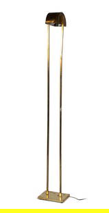 BRASS FLOOR LAMP IN THE MANNER OF GEORGE KOVACS: BRASS FLOOR LAMP IN THE MANNER OF GEORGE KOVACSAustrian/American, 20th century. Revolving hooded form brass shade on the double square rod standard with rectangular base.63 x 9 1/2 x 6 1/2 in. (160 x