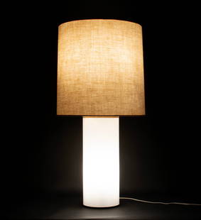 UNO AND OSTEN KRISTIANSSON FOR LUXUS TABLE LAMP: UNO AND OSTEN KRISTIANSSON FOR LUXUS TABLE LAMPSwedish, 1967, plexiglass and brass. Column form table lamp with fabric shade.36 x 16 in. (91.4 x 40.6 cm.) Provenance: From the Florida residence of Mr.