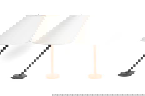 PAIR OF UNO AND OSTEN KRISTIANSSON FOR LUXUS TABLE LAMPS: PAIR OF UNO AND OSTEN KRISTIANSSON FOR LUXUS TABLE LAMPSSwedish, 1967, teak. Pair of table lamps with tapering teak bases and fabric shades.27 x 16 1/2 in. (68.6 x 41.9 cm.) Provenance: From the Flori