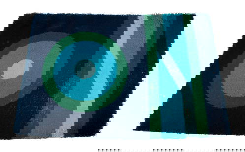 MCM AREA RUG: MCM AREA RUGEuropean, mid-20th century. Likely Ege Rya. Shades of green and blue with circles and lines.6 ft. x 4 ft.