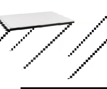 LAMINATE DINING TABLE BY FLORENCE KNOLL FOR KNOLL: LAMINATE DINING TABLE BY FLORENCE KNOLL FOR KNOLLAmerican, circa 1960s, bears the black and orange "KNOLL" label to the underside. Square white top that pulls apart, on black metal base.28 x 34 1/2 x