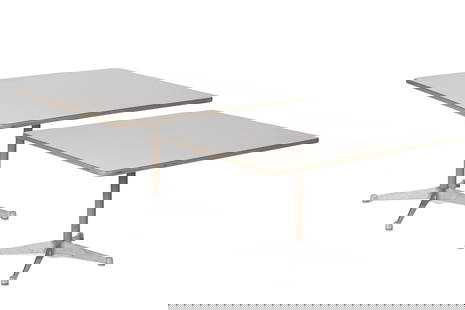 CHARLES AND RAY EAMES FOR HERMAN MILLER, PAIR OF PEDESTAL TABLES: CHARLES AND RAY EAMES FOR HERMAN MILLER, PAIR OF PEDESTAL TABLESMid 20th century, laminated tops on aluminum bases.29 3/4 x 42 x 42 in. (75.6 x 106.7 x 106.7 cm.)