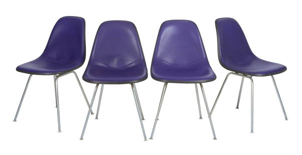 CHARLES EAMES FOR HERMAN MILLER SET OF FOUR SIDE CHAIRS: CHARLES EAMES FOR HERMAN MILLER SET OF FOUR SIDE CHAIRS1965-1978, purple vinyl covering over the off-white fiberglass shells. Stamped with late Cincinnati Milacron (star) over Herman Miller logo to th
