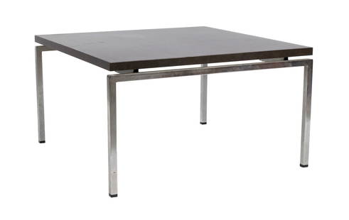 MODERN COFFEE TABLE: MODERN COFFEE TABLEAmerican, 20th century. Solid square Formica brown top raised off the chrome base.19 x 33 1/4 x 33 1/4 in. (48.3 x 84.5 x 84.5 cm.)