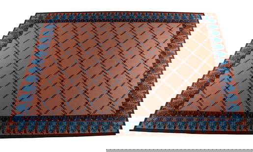 LARGE CUSTOM HAND TUFTED NEEDLEPOINT ROOM CARPET BY SAVNIK: LARGE CUSTOM HAND TUFTED NEEDLEPOINT ROOM CARPET BY SAVNIKEarly 21st century. An open salmon field with geometric angled lines of small leaves, the border is a line of blue patera leaves, with guard b