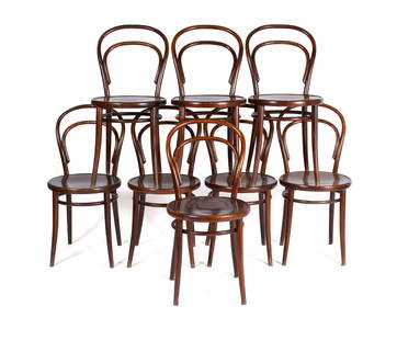 EIGHT DREVOUNIA BENTWOOD CHAIRS: EIGHT DREVOUNIA BENTWOOD CHAIRSCzech, mid 20th century. Eight (8) bentwood dining chairs, paper labels under seat.33 in. (83.8 cm.), Seat height: 18 1/2 in. (47 cm.)