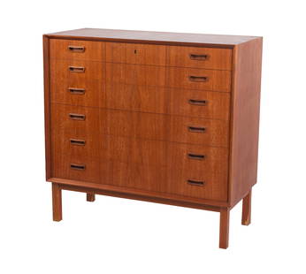 BORGE MOGENSEN FOR FREDERICIA CHEST OF DRAWERS: BORGE MOGENSEN FOR FREDERICIA CHEST OF DRAWERSDanish, circa 1962, teak. Solid rectangular form with six drawers each, ink stamped "Made in Denmark" to the back.38 1/2 x 17 3/4 x 39 1/2 in. (97.8 x 45.