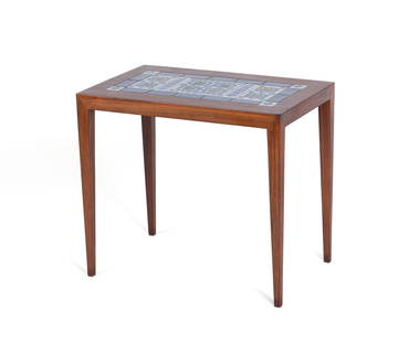 DANISH TILE TOP SIDE TABLE: DANISH TILE TOP SIDE TABLEDanish, mid 20th century, rosewood. Side table with decorative tile top, stamped 'Tenera Fra...Porcelainsfabrik' with Danish Control label to underside.20 x 14.7 x 22 1/2 in.