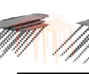 THREE MCM NESTING TABLES: THREE MCM NESTING TABLESTeak Furniture Centre, Ontario, circa 1970s. Set of three (3) nesting tables, the largest with tray top.Largest: 19 1/2 x 31 1/2 x 15 1/2 in. (49.5 x 80 x 39.4 cm.)