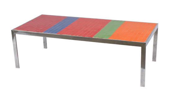 CAROLE ROBERTS (AMERICAN, B. 1940) TILE TOP COFFEE TABLE: CAROLE ROBERTS (AMERICAN, B. 1940) TILE TOP COFFEE TABLEAmerican, circa 1970s, signed to the bottom. Colorful tiles in red, blue, green and orange set to the chrome frame.Carole S. Roberts is an abstr