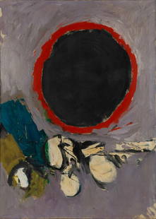 JAMES HIROSHI SUZUKI (JAPANESE, B. 1933): James Hiroshi SuzukiJapanese, b. 1933Burnt SunOil on canvasUnsigned. Abstract, a central dark circle lined in red against a lavender field with sprays of blue green and ivory.James Hiroshi Suzu