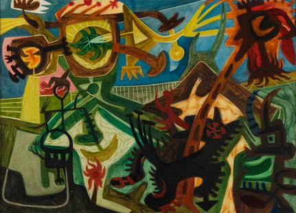 WILLIAM FETT (AMERICAN (MISSOURI), 1918-2006): William FettAmerican (Missouri), 1918-2006MexicoWatercolor on paperSigned and dated 7/49 lower center. Surreal composition of abstract figures and forms, matted and framed.Born in Ann Arbor, Mi