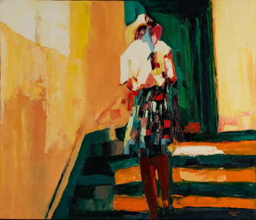 SIDNEY SMILEY (AMERICAN, 1912-2002): Sidney SmileyAmerican, 1912-2002Oil on canvasSigned and dated '80 lower right. A young woman ascends a staircase, head bent forward, a blue ribbon in her hair, framed.Sidney Smiley was born in Canada