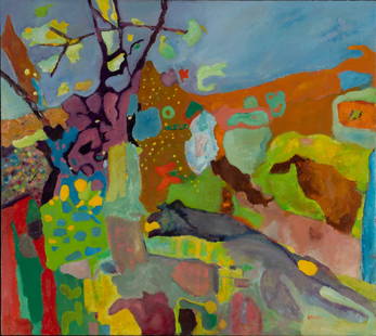 SIDNEY SMILEY (AMERICAN, 1912-2002): Sidney SmileyAmerican, 1912-2002Oil on canvasSigned lower right. A bright fanciful abstract landscape, framed.Sidney Smiley was born in Canada on August 11, 1912. A graduate of Seattle?s Cornish Schoo