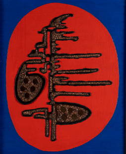 BROTHER MEL MEYER (AMERICAN (ST. LOUIS), 1928-2013): Brother Mel MeyerAmerican (St. Louis), 1928-2013Mixed media on boardUnsigned. Abstract metal application on a red textile ground with blue surround, framed.Brother Mel Meyer was born in Florissant, MO