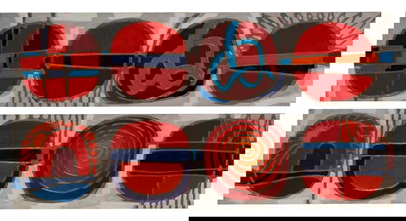 BROTHER MEL MEYER (AMERICAN (ST. LOUIS), 1928-2013): Brother Mel MeyerAmerican (St. Louis), 1928-2013Mixed media and acrylic on canvasTwo (2) canvases composed of four spheres with various designs, unframed.Brother Mel Meyer was born in Florissant, MO i