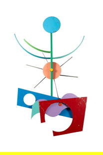 BROTHER MEL MEYER (AMERICAN (ST. LOUIS), 1928-2013): Brother Mel MeyerAmerican (St. Louis), 1928-2013Painted steelSigned in marker to the red surface. Kinetic painted metal wall sculpture with revolving elements.Brother Mel Meyer was born in Florissant,