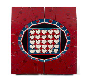 BROTHER MEL MEYER (AMERICAN (ST. LOUIS), 1928-2013): Brother Mel MeyerAmerican (St. Louis), 1928-2013Painted steelSigned and dated 1986. Three-piece metal wall sculpture.This lot will fit on top of the blue table in lot 309, including the two-part red f