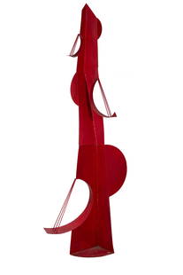 BROTHER MEL MEYER (AMERICAN (ST. LOUIS), 1928-2013): Brother Mel MeyerAmerican (St. Louis), 1928-2013Painted sheet metalSigned on base. Red painted sculpture showing straight lines with circular elements and 'string-like' highlights.Brother Mel Meyer wa