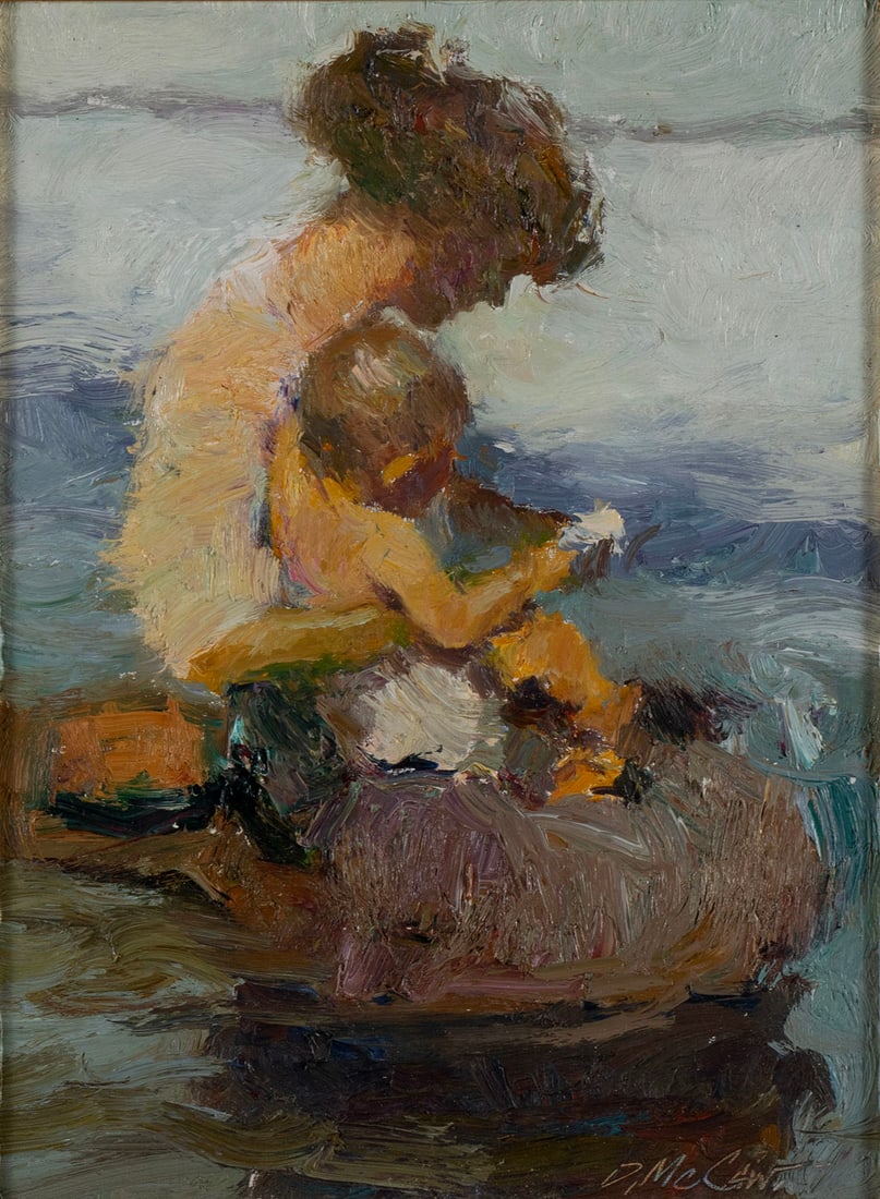 DAN MCCAW (AMERICAN, B. 1942): Dan McCawAmerican, b. 1942Oil on boardSigned lower right. Mother with child on the beach, framed.12 x 9 in. (30.5 x 22.9 cm.), Frame: 22 x 19 in. (55.9 x 48.3 cm.)