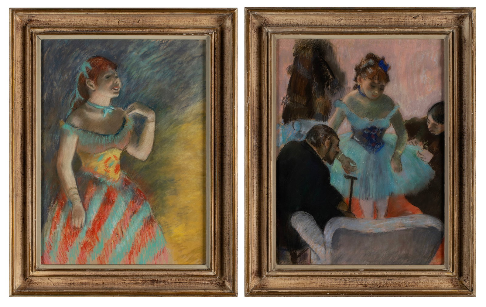 VIRGINIA 'TITO' GAY (AMERICAN, 1932-2024): Virginia 'Tito' GayAmerican, 1932-2024'The Fitting' and 'Limelight'PastelCirca 1960, two (2) unsigned works. Depicting a ballet dancer in a fitting and another on the stage, both framed.This pair of w