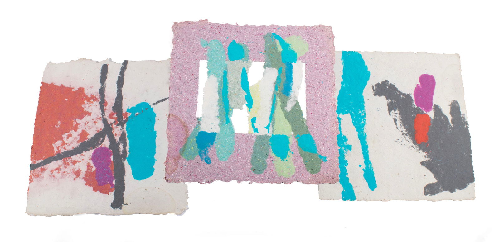 BROTHER MEL MEYER (AMERICAN (ST. LOUIS), 1928-2013): Brother Mel MeyerAmerican (St. Louis), 1928-2013Handmade paperUnsigned. Three (3) multicolor square sheets, one (1) with pierced center, unframed.Brother Mel Meyer was born in Florissant, MO in 1928 a