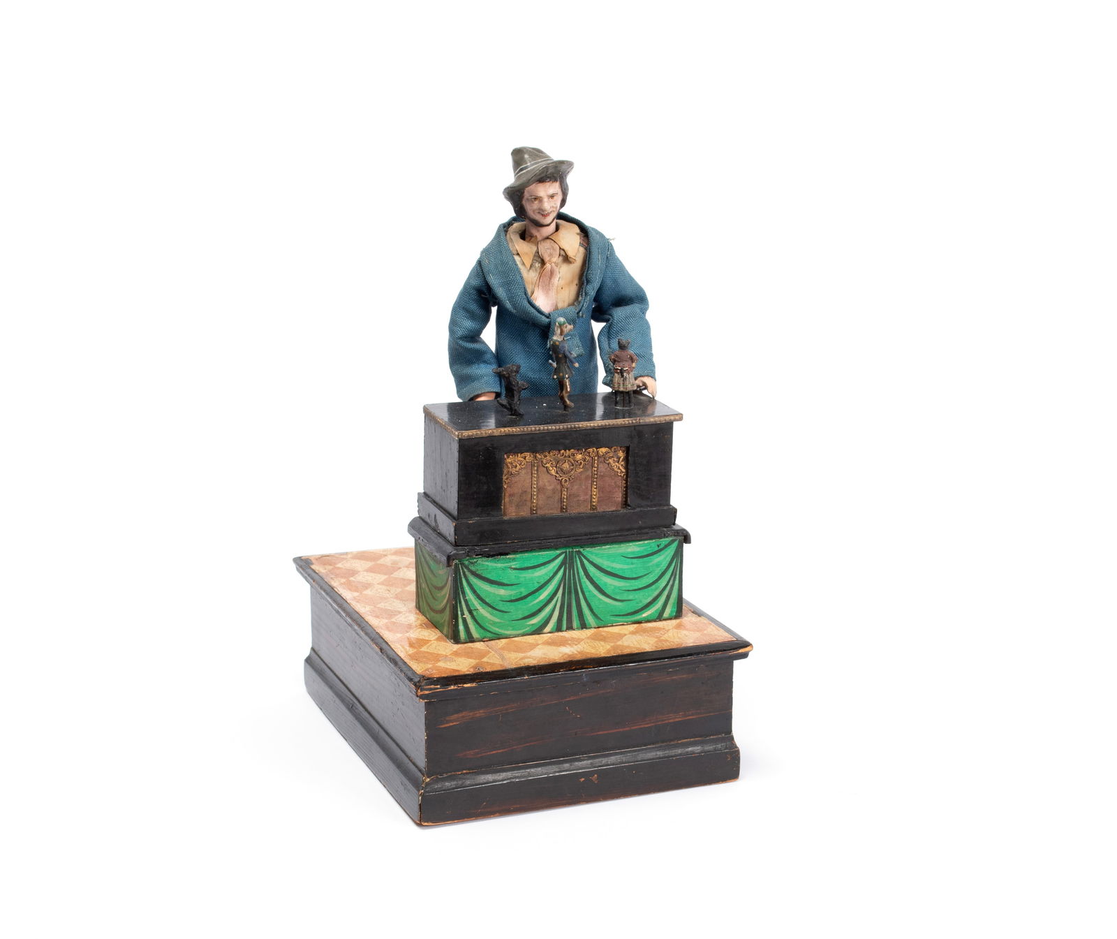 ORGAN GRINDER AUTOMATON: ORGAN GRINDER AUTOMATONGerman, late 19th century, wood and composition. As you wind the side crank, the man's head moves side to side as his hand works a backside crank, and the three animal figures o