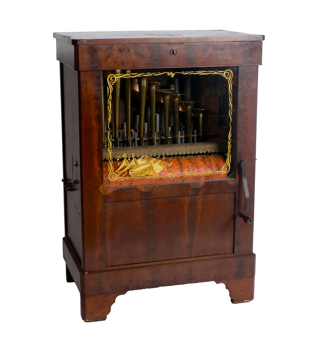 CHAMBER ORGAN LIKELY BY JEROME THIBOUVILLE-LAMY: CHAMBER ORGAN LIKELY BY JEROME THIBOUVILLE-LAMYFrance, circa 1880. Large chamber organ is hand operated with the front crank and plays nine (9) different tunes with the switching mechanism to the righ