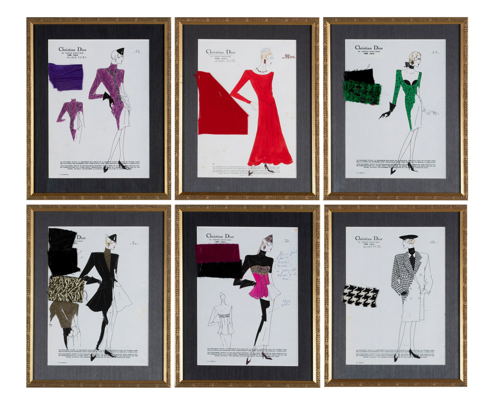 SIX FRAMED CHRISTIAN DIOR FASHION SKETCHES WITH FABRIC: SIX FRAMED CHRISTIAN DIOR FASHION SKETCHES WITH FABRIC Six (6) Christian Dior hand-colored sketch plates with fabric swaths, all framed Frames: 16 x 12 1/2 in. (40.6 x 31.8 cm.)