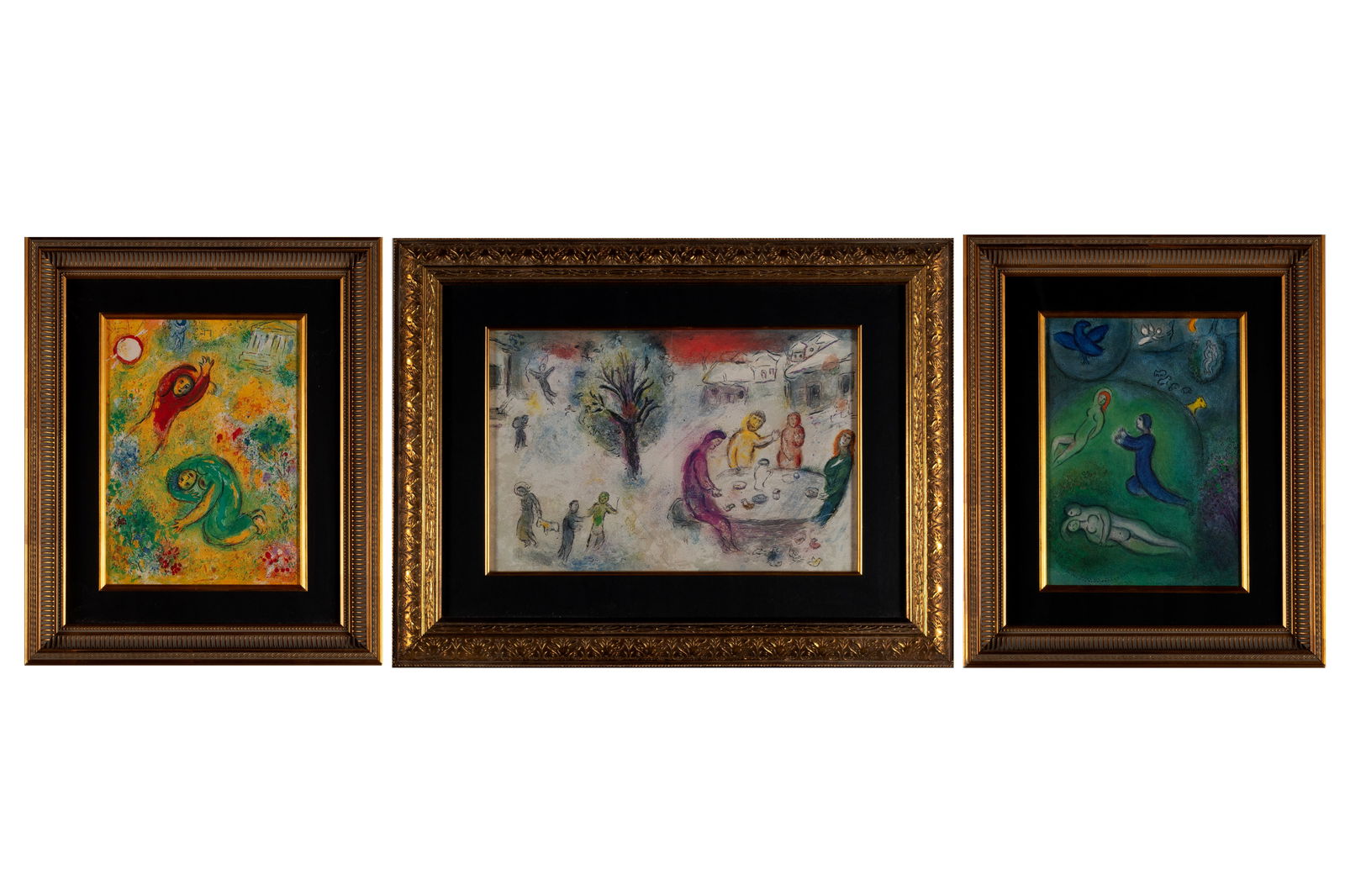 THREE LITHOGRAPHS AFTER CHAGALL: THREE LITHOGRAPHS AFTER CHAGALLIncluding 'The Trampled Flowers', 'Daphnis and Chloe' and 'The Meal at Dryas's House'. All framed.Largest frame: 21 1/2 x 28 in. (54.6 x 71.1 cm.)