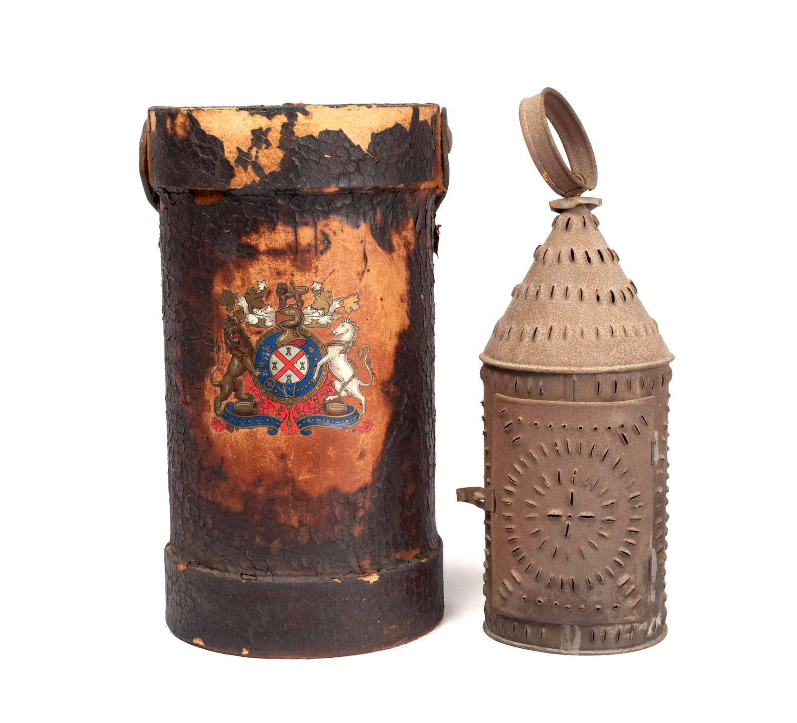LEATHER FIRE BUCKET AND PUNCHED TIN HANGING LANTERN (1 of 8)
