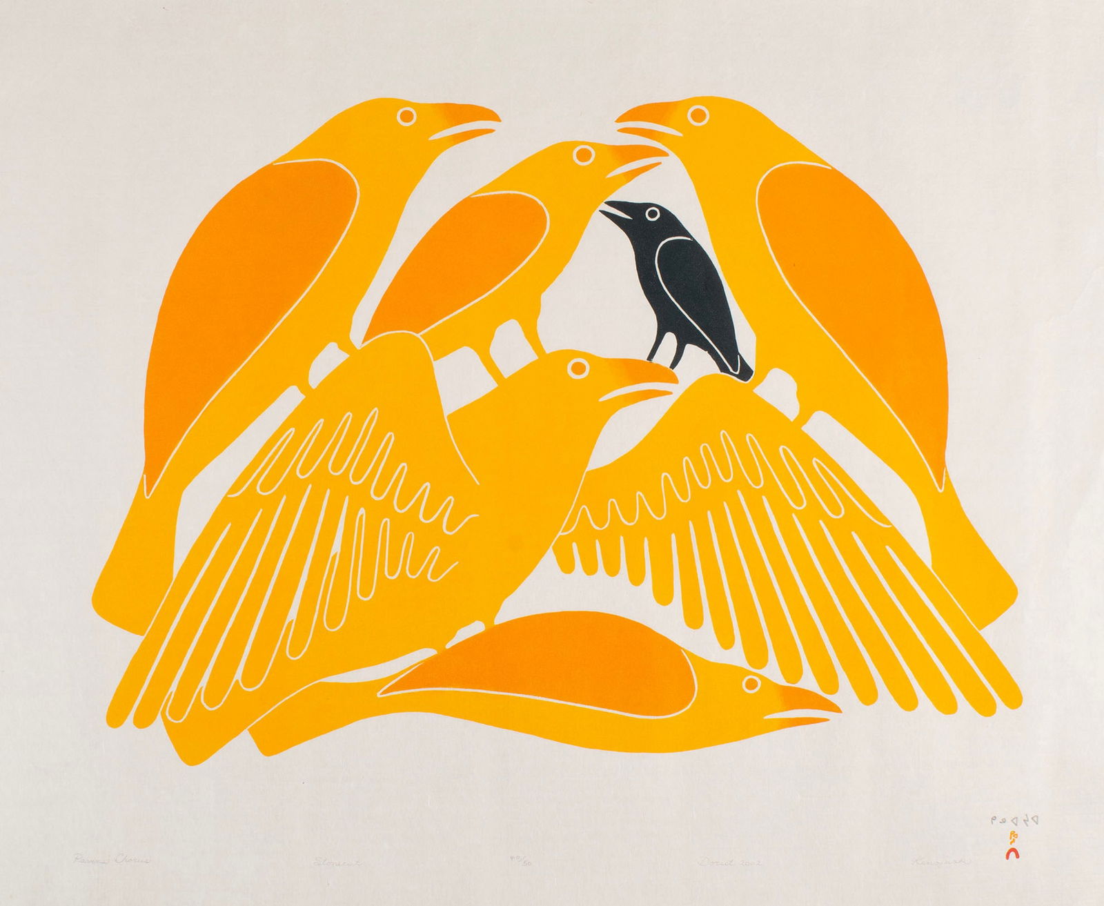 KENOJUAK ASHEVAK (CAPE DORSET, CANADA, 1927-2013): Kenojuak AshevakCape Dorset, Canada, 1927-2013Ravens Chorus, 2002StonecutSigned, dated, titled and numbered 40/50 in pencil to lower margin. Group of ravens, unframed.Kenojuak Ashevak, was born on Oct