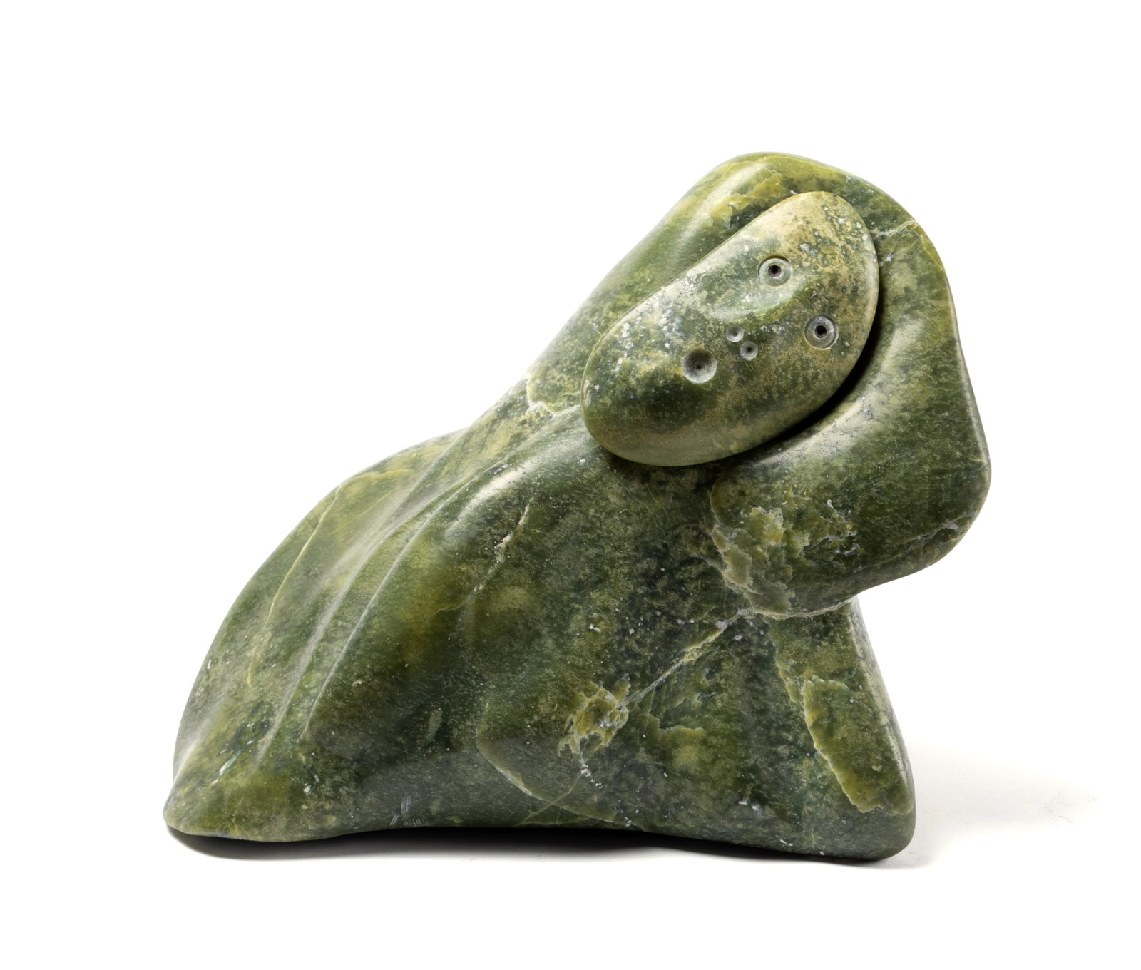MATTIUSI IYAITUK (NUNAVIK, B. 1950): Mattiusi Iyaituk Nunavik, b. 1950 Shaman and her spirit bird helper Soapstone Signed, titled and dated '01 on underside. Mattiusi Iyaituk was born in 1950 in a traditional hunting camp not far from Ca