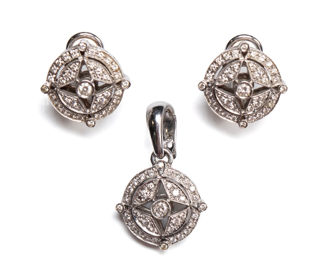 CHIMENTO DIAMOND SUITE: CHIMENTO DIAMOND SUITEA pair of 18k white gold post earrings with clasp backs set with seventy-four (74) round brilliant cut diamonds (weighing approx. 1.10 ctw). Accompanied by a matching pendant set