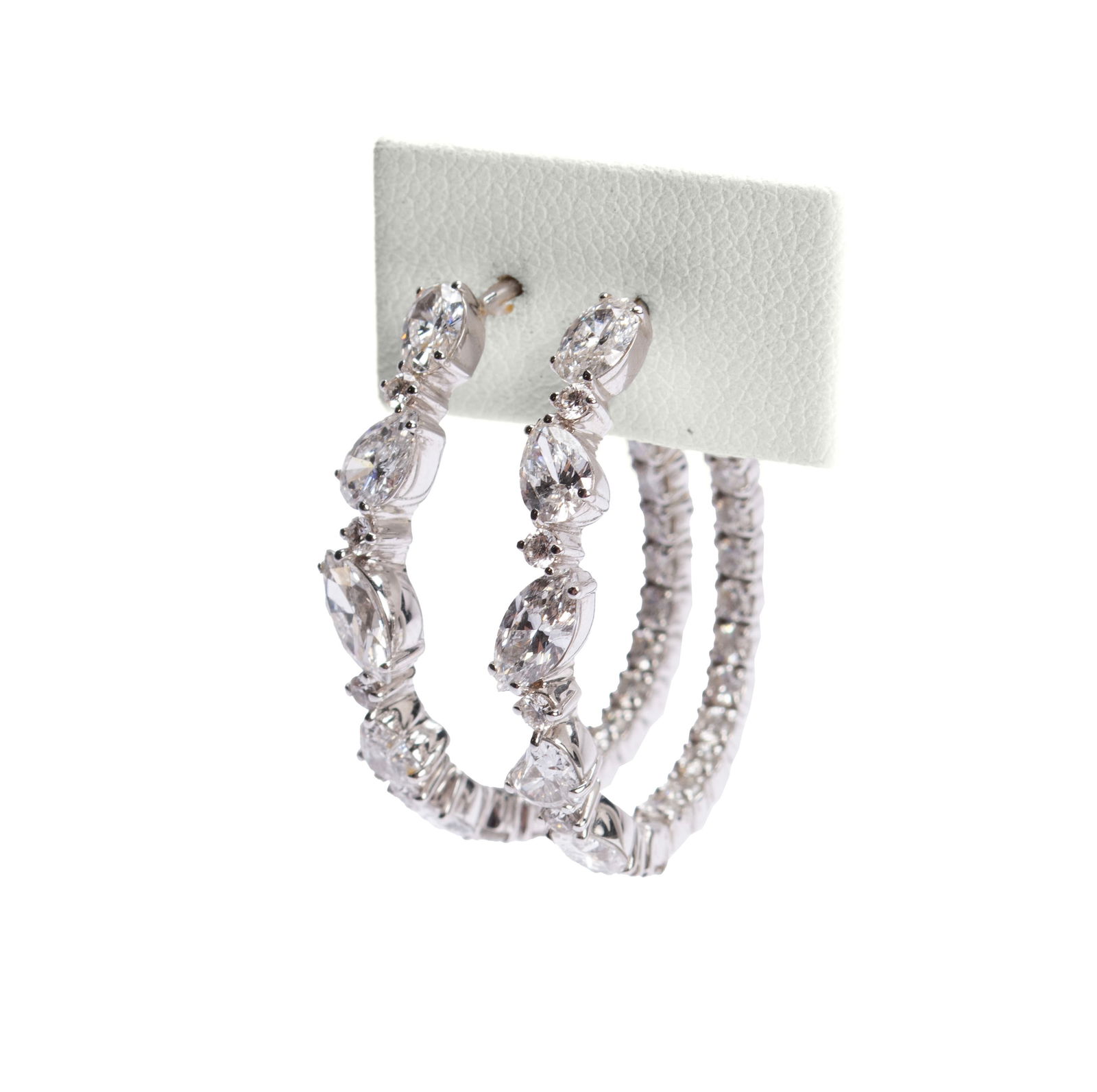 CRIVELLI DIAMOND HOOP EARRINGS: CRIVELLI DIAMOND HOOP EARRINGSA pair of 18k white gold pierced hoop earrings set with four (4) oval cut diamonds, two (2) heart shaped diamond, two (2) marquise shaped diamonds and two (2) pear cut di