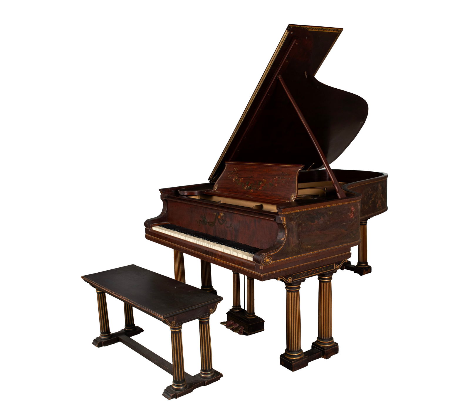 1902 STEINWAY & SONS MODEL B GRAND PIANO PAINTED BY ARTHUR EDWARD BLACKMORE (NEW YORK/ENGLAND: 1902 STEINWAY & SONS MODEL B GRAND PIANO PAINTED BY ARTHUR EDWARD BLACKMORE (NEW YORK/ENGLAND 1854-1921)Serial #105412. Hand painted "Four Seasons" landscape to lid with flamingos signed Arthur E. Bla