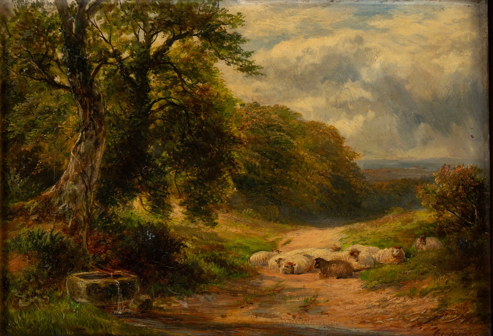 GEORGE TURNER (ENGLISH, 1841-1910): George Turner English, 1841-1910 A Derbyshire Lane Oil on artist board Signer lower right. Country landscape with sheep at rest on a road, framed. 10.7 x 14.9 in. (27.2 x 37.8 cm.), Frame: 19.2 x 23.8