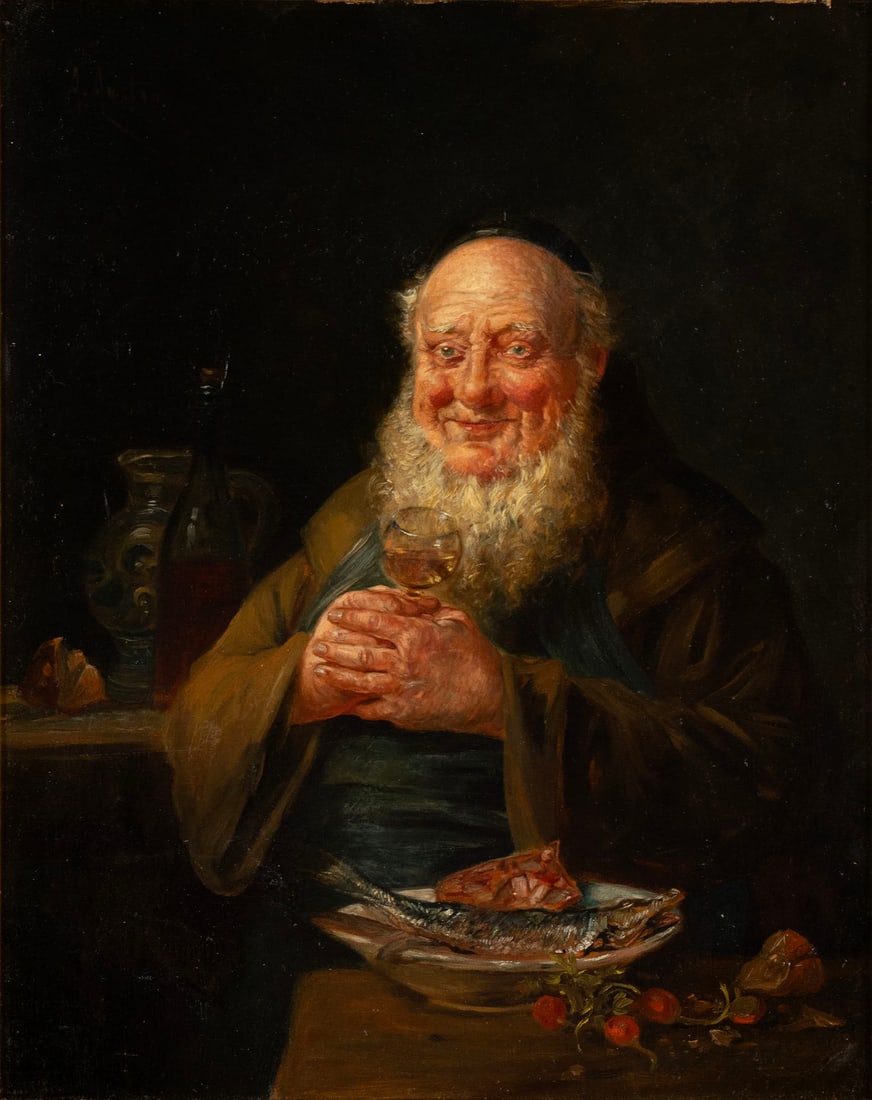 ALEXANDER AUSTEN (BRITISH, 1859-1924): Alexander AustenBritish, 1859-1924Oil on canvasSigned upper left. Interior portrait of a monk drinking wine with a meal of fish on the table, framed.20 x 16 in. (50.8 x 40.6 cm.), Frame: 32 x 28 1/2 i