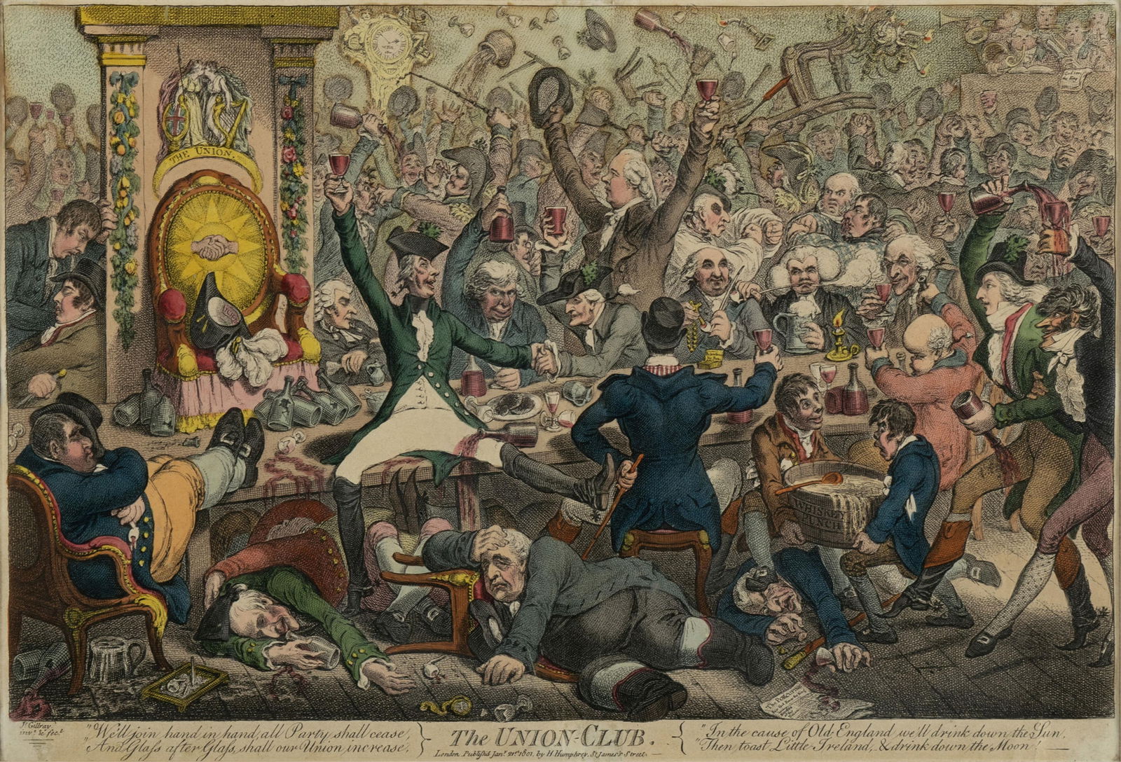 JAMES GILLRAY, 'THE UNION CLUB' HAND COLORED ETCHING: JAMES GILLRAY, 'THE UNION CLUB' HAND COLORED ETCHINGJames Gillray (British, 1756-1815), published by H. Humphrey, 1801. Matted and framed.Sight: 11 3/4 x 17 1/4 in. (29.8 x 43.8 cm.), Frame: 18 5/8 x