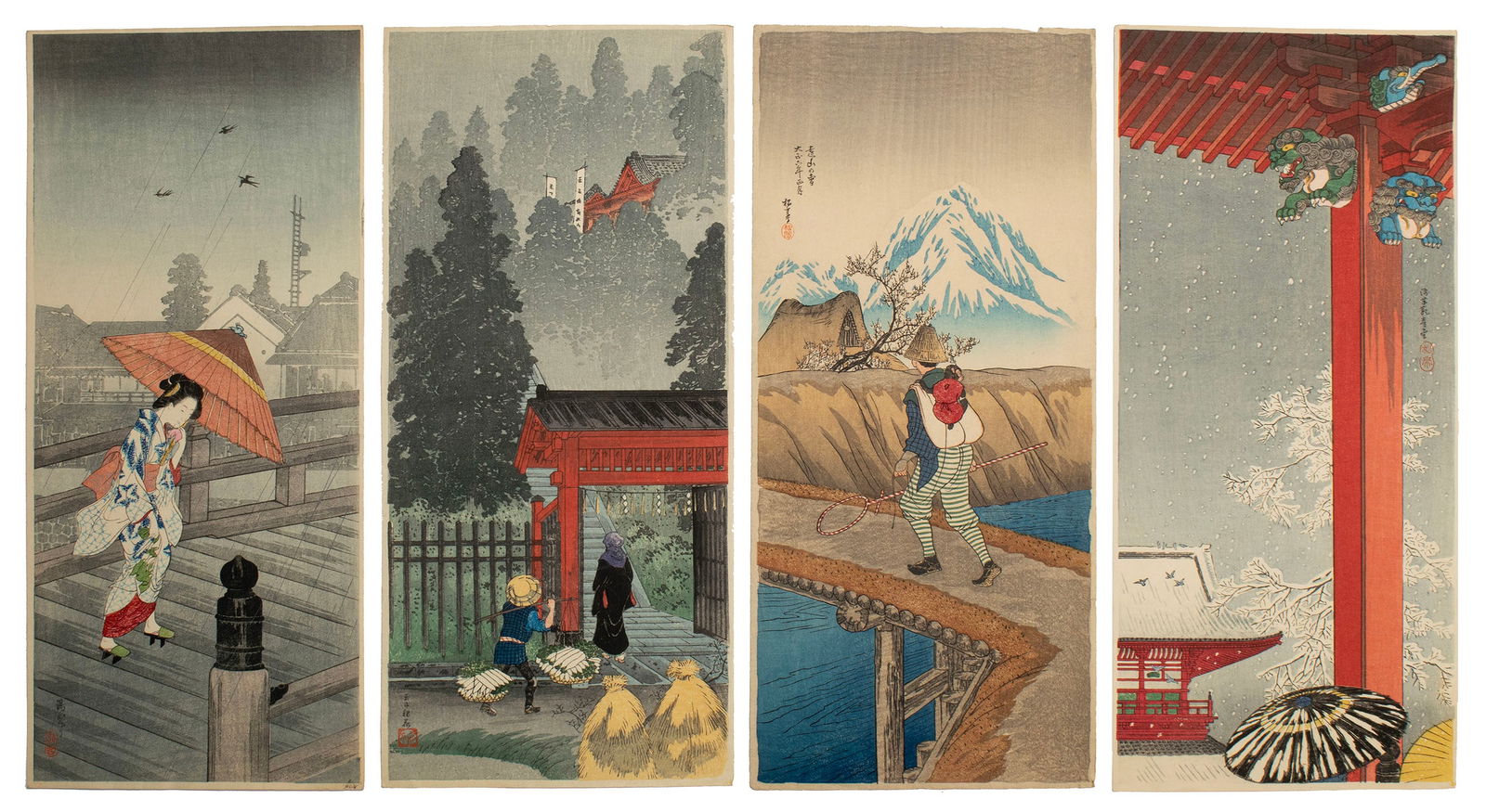 TAKAHASHI SHOTEI/HIROAKI (JAPANESE, 1871-1945): Takahashi Shotei/HiroakiJapanese, 1871-1945WoodblockCirca 1930. Four woodblocks consisting of "Inari Shrine at Oji", "Asakusa Kannon", "Returning from the Bath" and "Monkey Trainer Returning Home". Un