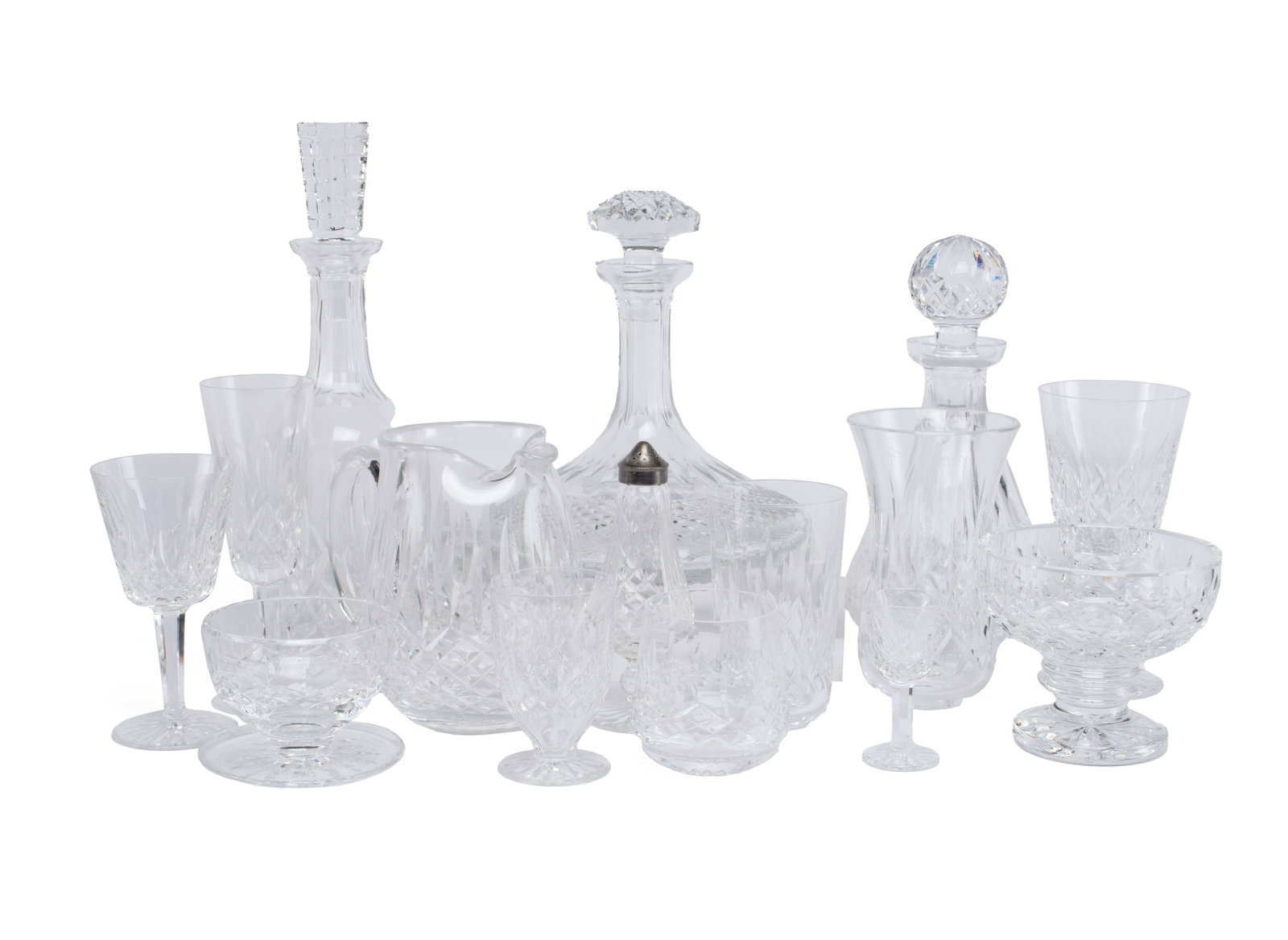 COLLECTION OF WATERFORD LISMORE STEM AND BARWARE (70): COLLECTION OF WATERFORD LISMORE STEM AND BARWARE (70) Irish, 20th century. Seventy (70) pieces total including six (6) 5" tumblers, four (4) 4.125" sherbert glasses, six (6) 3.125" footed desert bowls
